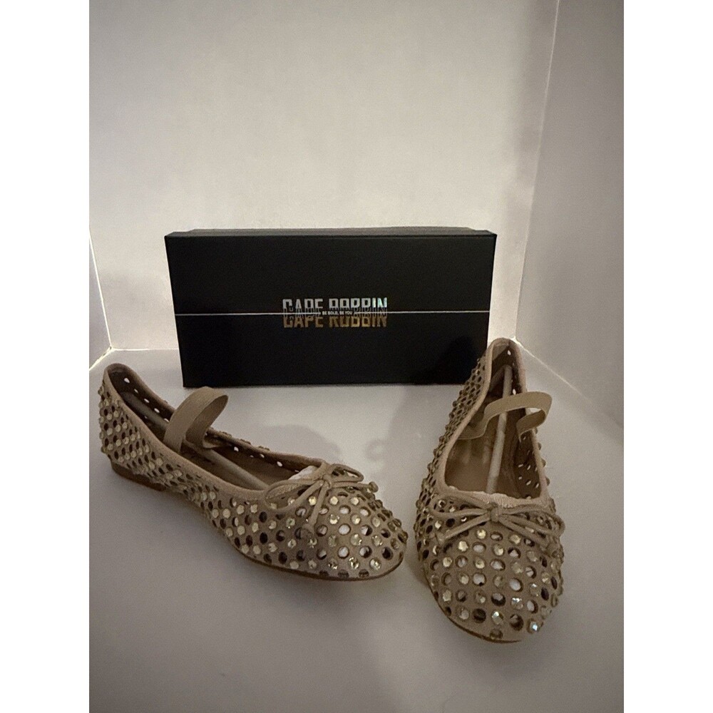 Cape Robbin Beige Rhinestone Bow Ballet Flats Women's Party Wedding Shoes